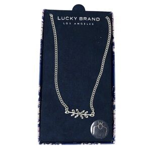 New! Lucky Brand Horizontal Bar Floral Leaves Silver Tone Chain Necklace
